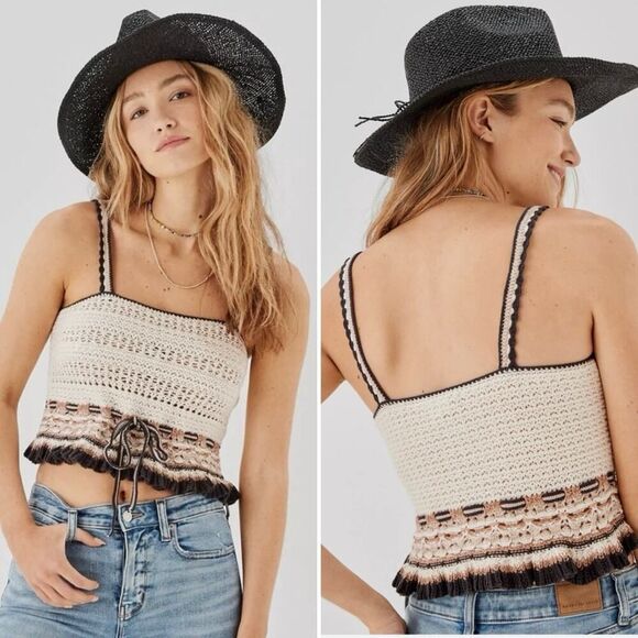 American Eagle Crochet Tie Waist Peplum Cropped Tank Top Size L Boho Festival - Picture 9 of 9